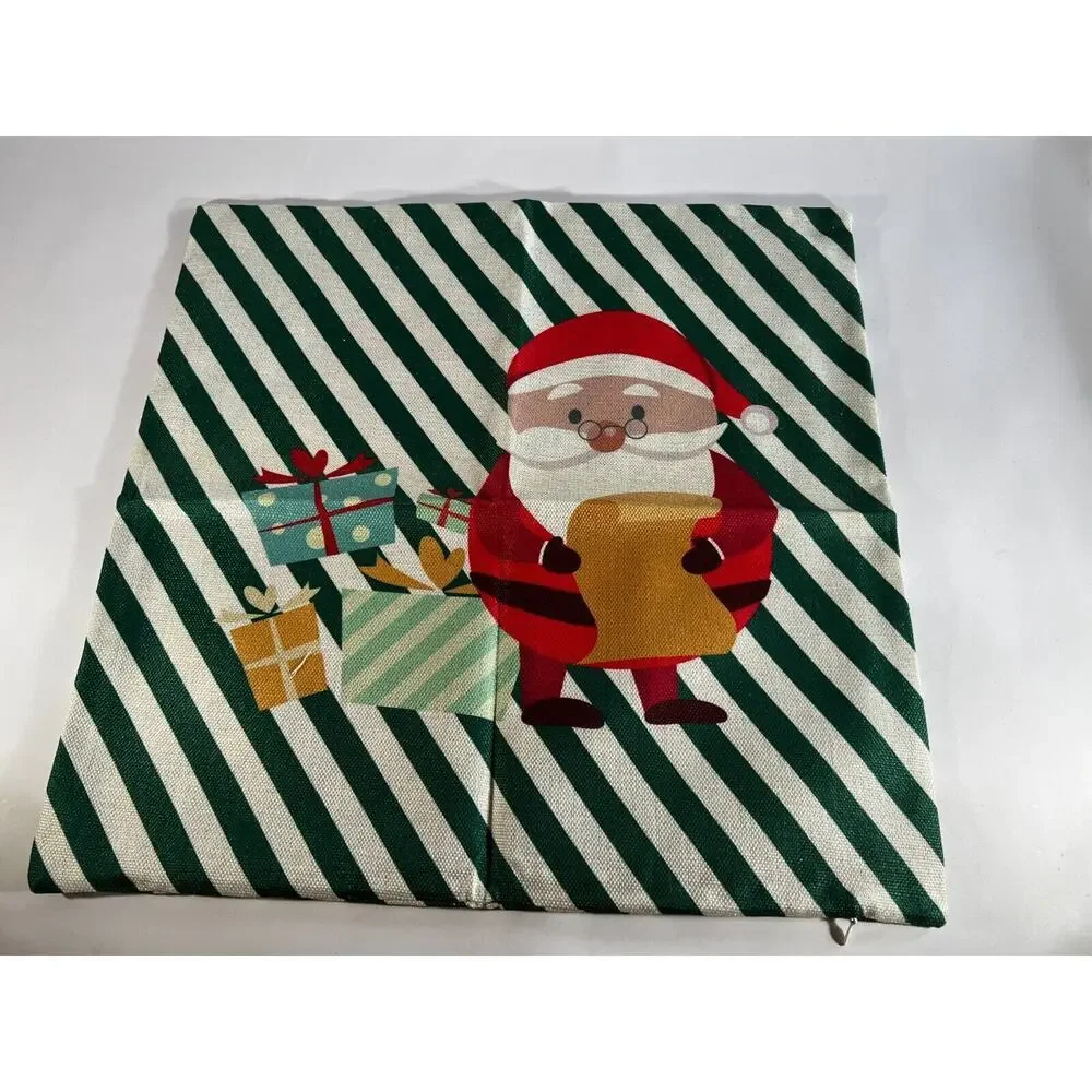 Christmas Pillow Cover Zipper Canvas Fabric Holiday Square Santa List NEW